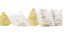 Detail of white Christmas ribbon with gold Merry Christmas lettering and edges