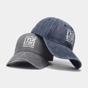 Vintage cotton baseball caps in dark grey and navy blue with printed text design