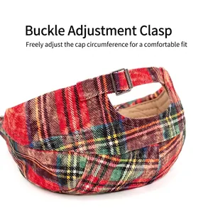 British style red plaid flat cap with adjustable metal buckle and textured fabric