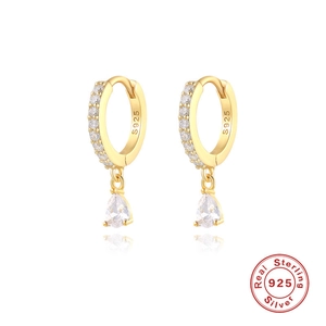 Detail showing S925 hallmark on gold plated sterling silver earrings with zircon teardrops