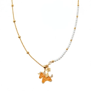 18k gold plated necklace with pearls and orange enamel pegasus pendant with zircons