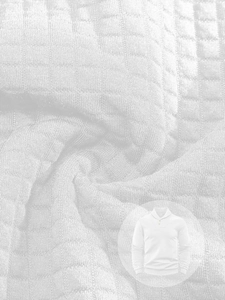 Close-up of white long sleeve waffle knit sweatshirt showing checkered texture detail