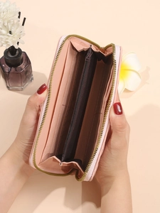 Pink PU leather long wallet for women with large capacity card slots and zipper pocket