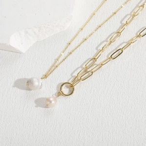 Gold paperclip chain and beaded necklace set with elegant baroque freshwater pearls