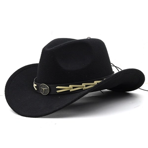 Classic black wool western cowboy hat with vintage bronze bull emblem and leather band