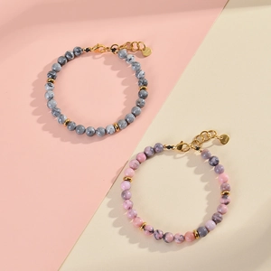 Handmade 6mm pink zebra stone and marble beaded bracelets with gold adjustable chain