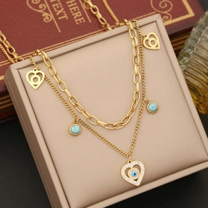 Double-layered gold stainless steel necklace featuring evil eye and heart charms
