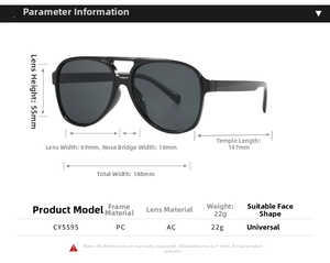 Detailed size chart for black aviator sunglasses showing frame dimensions and 22g weight