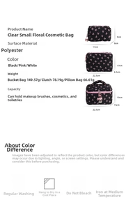 Tabella taglie per pochette trucco floreali con dimensioni per modelli a secchiello e borsa