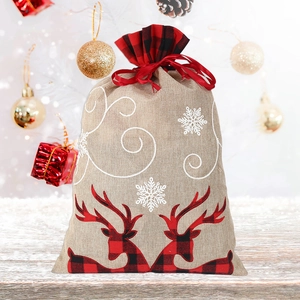 Christmas Gift Bag Burlap Linen Drawstring Sack With Red Black Buffalo Plaid Reindeer Snowflake Holiday Favor