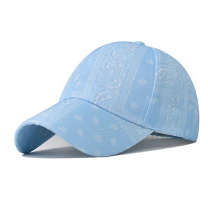 Detail of light blue baseball cap featuring intricate white paisley patterns and twill fabric