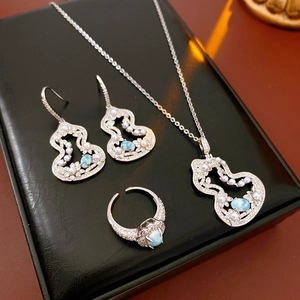 Exquisite silver necklace and ring set with blue hulu pendant and zircon accents