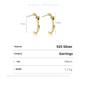 Detail view of 925 silver C-shape gold earrings with colorful zircon stones and dimensions