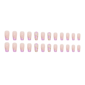 Faux ongles French manucure violets et rose nude avec feuilles d'or et paillettes