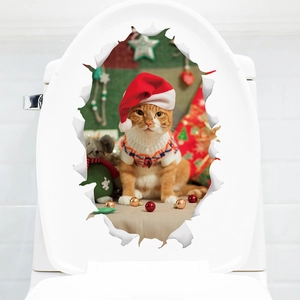 3D Christmas wall decal with a ginger cat in a Santa hat for toilet seat decoration
