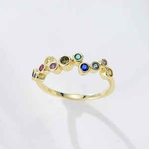 S925 sterling silver gold ring with vibrant multi-color zircons in a wavy pavé setting