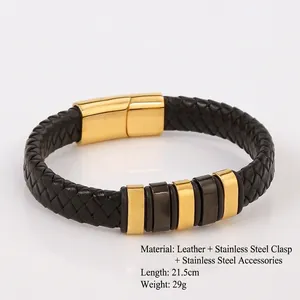 Men's hand-woven black leather bracelet with gold stainless steel clasp and accents