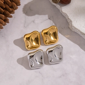 Polished geometric wavy square stud earrings in gold and silver stainless steel finish