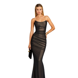 Detail of the sheer ruched mesh fabric and slim straps on this elegant black maxi dress