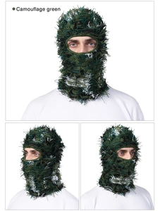 Detail view of camouflage green ghillie balaclava mask showing texture and side angles