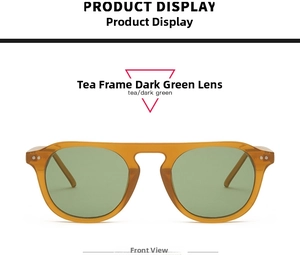 Front view of trendy sunglasses with tea-colored transparent frame and dark green lenses