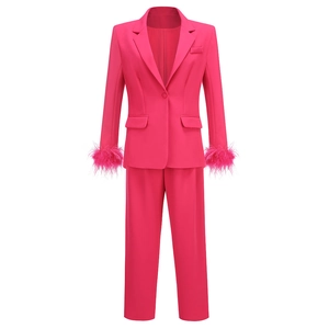 Women's rose red suit set with ostrich feather cuffs and high waist straight leg trousers