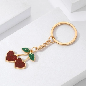 Ins Style Cute Heart Cherry Keychain Gold Alloy Enamel Glitter Fruit Keyring For Women Bag Charm Pendant Fashion Jewelry