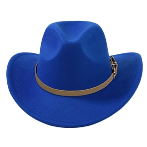 Detail of wide brim wool felt hat in bright blue with a tan leather buckle band