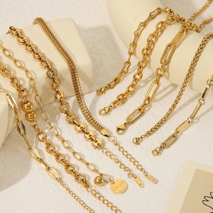 Set of 8 minimalist 18K gold plated stainless steel Cuban and paperclip chain bracelets