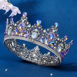 Baroque bridal crown with purple and iridescent rhinestones on a silver metal frame