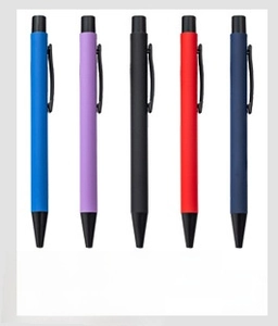 Detailed view of matte metal retractable ballpoint pens in five assorted vibrant colors