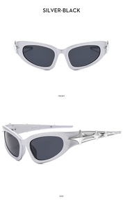 Front and side views of silver Y2K futuristic cat-eye sunglasses with black lenses