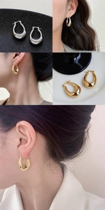 Polished metallic U-shaped hoop earrings in gold and silver finish on a model and backdrop