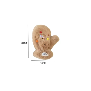 Detailed view of plush dachshund mittens with size markings 24cm height and 10cm width