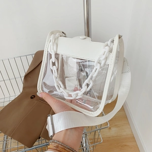 Detail of transparent PVC crossbody bag with white chain and leather trim