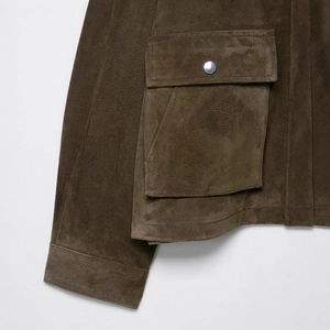 Women's 2025 autumn long sleeve suede jacket with flap pocket and silver button detail
