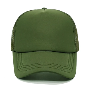 Detail of army green mesh trucker hat showing breathable back panels and stitched brim