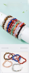 Detailed view of colorful natural irregular crystal stone bracelets with elastic cord design