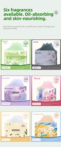 Macro detail of six scented oil blotting paper types including lavender and rose