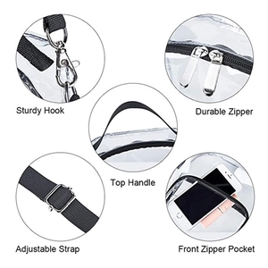 Detail view of transparent PVC crossbody bag showing sturdy hooks and top handle