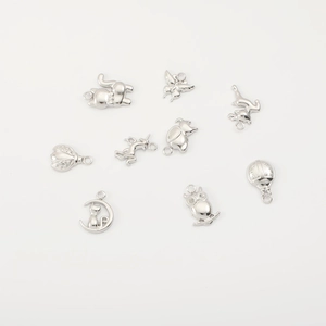 Set of nine stainless steel animal charms including cat, bee, and unicorn for DIY jewelry