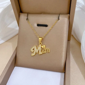 Mom Letter Pendant Necklace Gold Tone Stainless Steel Chain Copper Heart Zirconia Paved Jewelry For Women Mother Gift