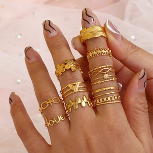 Close-up of gold stainless steel ring set with feather and leaf designs on a model