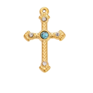 Vintage 18k gold plated stainless steel cross pendant with turquoise and white rhinestones