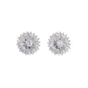 Elegant silver sunflower stud earrings with central sparkling zircon in a minimalist design