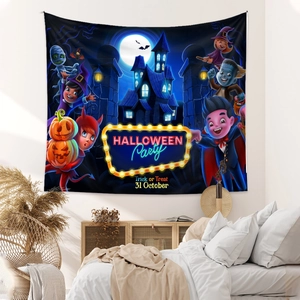 Detail view of Halloween tapestry featuring haunted castle and pumpkins on a bedroom wall