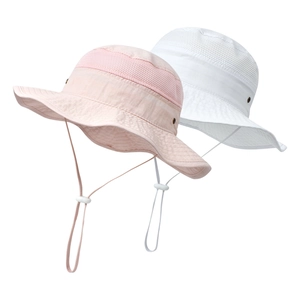 Detail showing pink and white wide brim sun hats with breathable mesh and adjustable chin strap