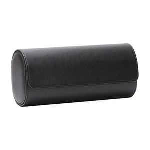 Three-slot luxury PU leather watch storage box with cross-grain texture and cylindrical design