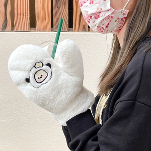Plush Mittens For Women Cute Cartoon Puppy Embroidery Faux Rabbit Fur Thick Warm Winter Neck Hanging Rope Cold Weather