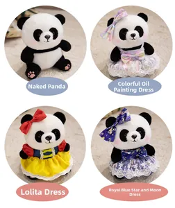 Close-up of four plush panda dolls wearing different lace princess and floral dresses
